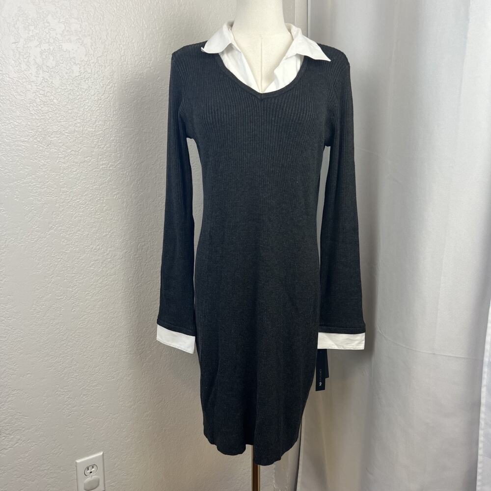 Layered V-Neck Sweater Dress Womens XL Grey Fitted Ribbed Preppy Old Money Chic